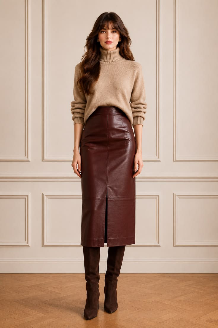 Camel turtleneck styled with a deep brown midi skirt and tall boots.