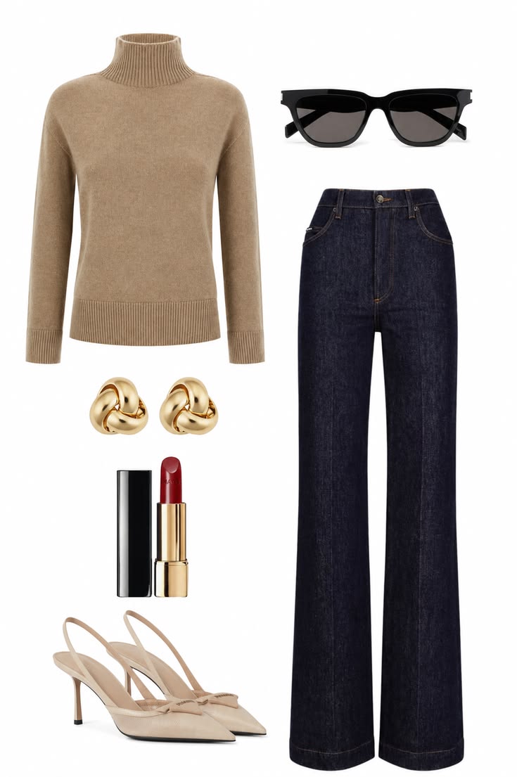 Editorial affiliate picks including a camel knit, dark denim, sunglasses, jewelry, lipstick, and nude heels.