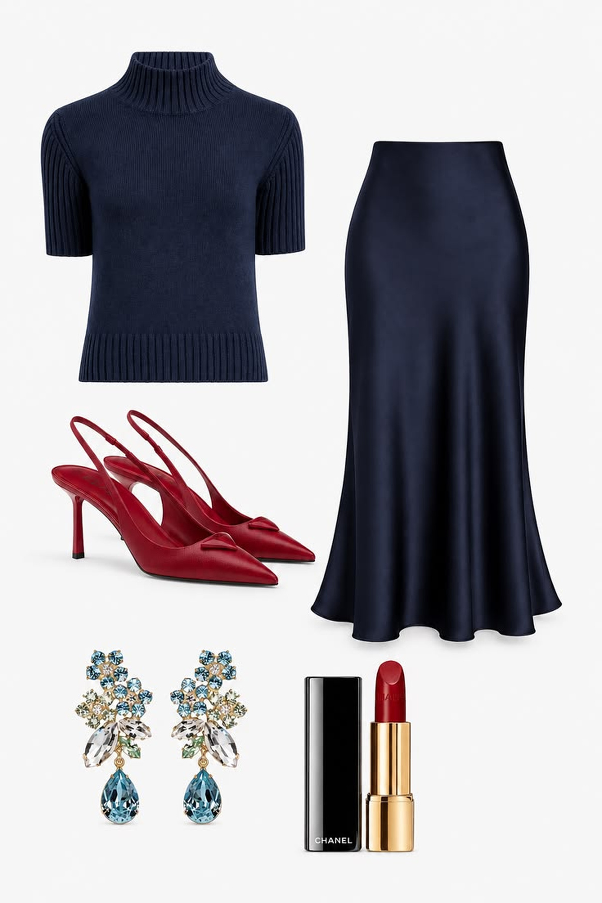 Navy short-sleeve turtleneck with a navy satin midi skirt, red slingback heels, jeweled earrings, and red lipstick.