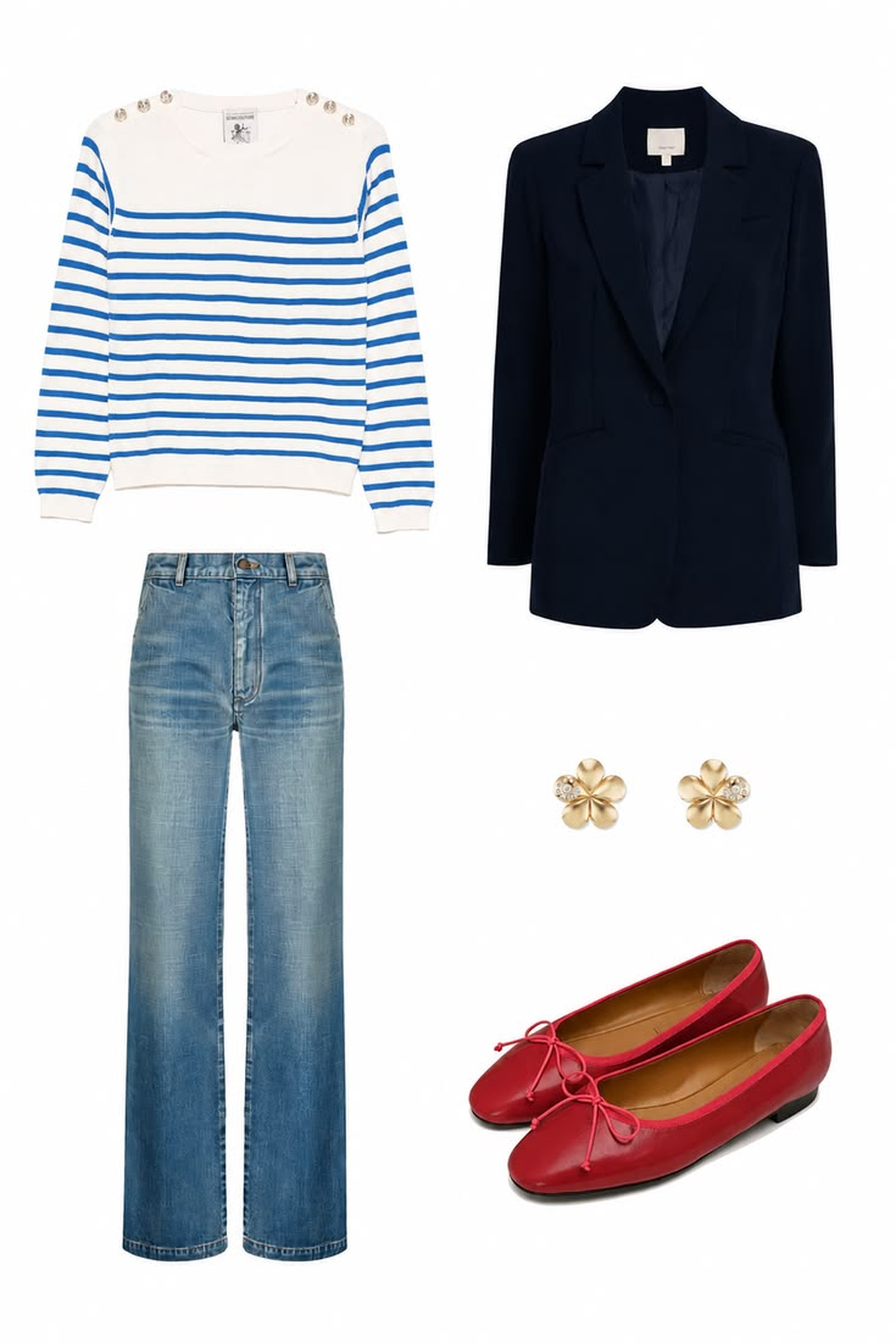 Blue-and-ivory Breton sweater with a navy blazer, relaxed blue jeans, red ballet flats, and gold floral earrings.