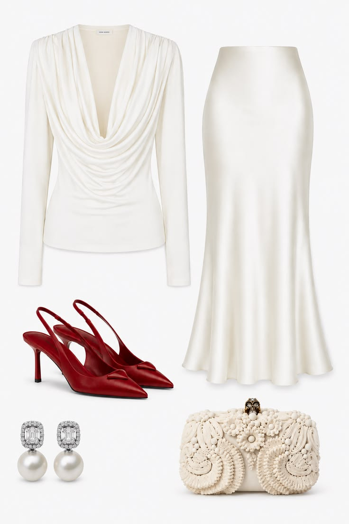 Ivory draped long-sleeve top with an ivory satin midi skirt, red slingback heels, pearl earrings, and an ivory clutch.