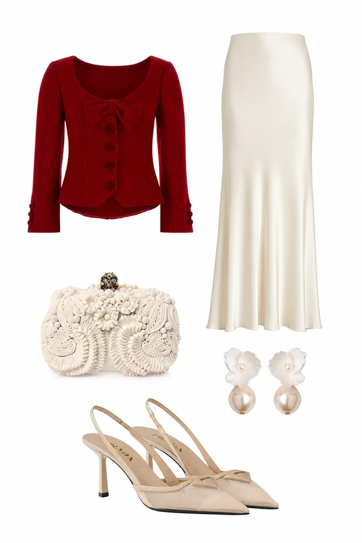 Deep red fitted jacket with an ivory satin midi skirt, ivory clutch, pearl floral earrings, and nude slingback heels.