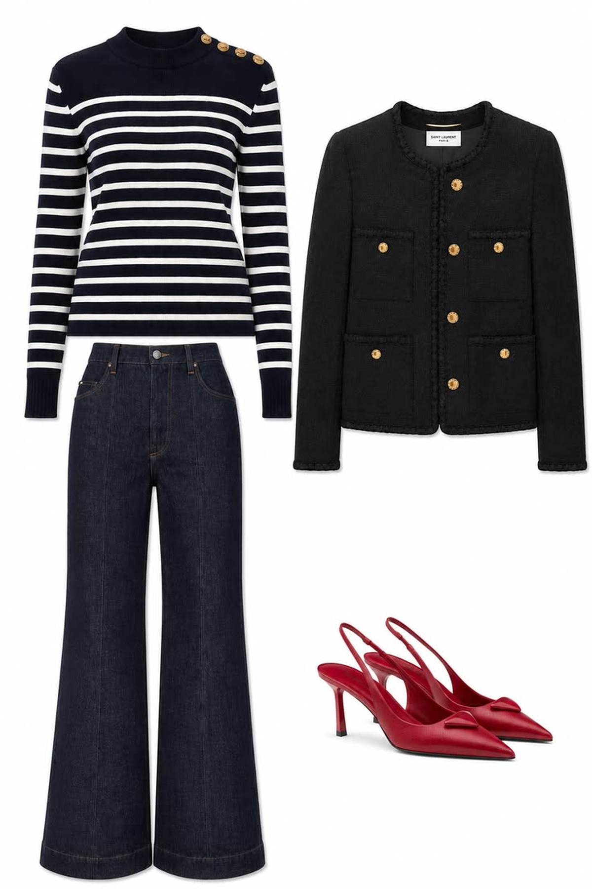 Navy-and-ivory striped knit with a black tweed jacket, dark wide-leg jeans, and red slingback heels.