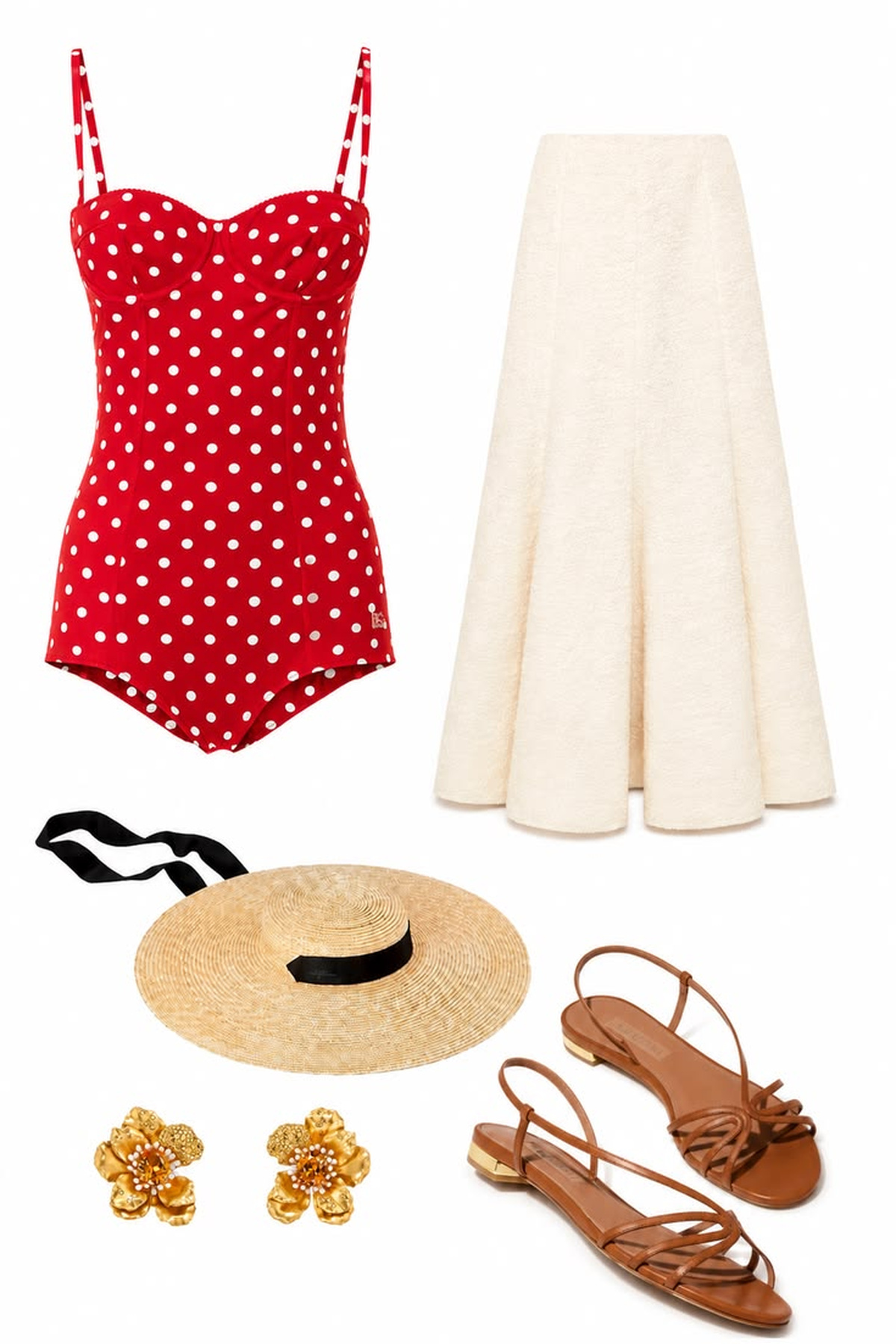 Red polka-dot bodysuit with an ivory midi skirt, straw sun hat, brown sandals, and gold floral earrings.