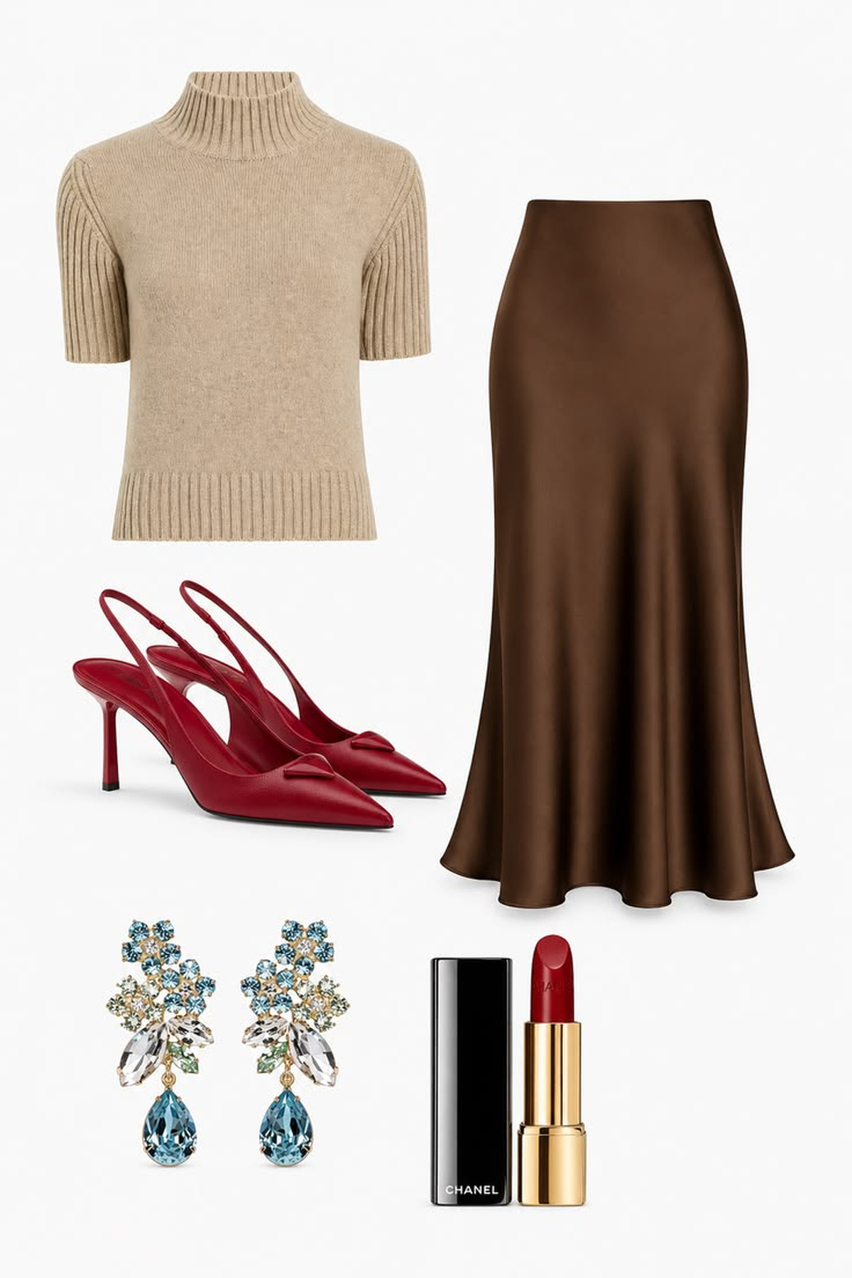 Camel knit, chocolate satin skirt, red heels, and coordinating accessories arranged on a light background.