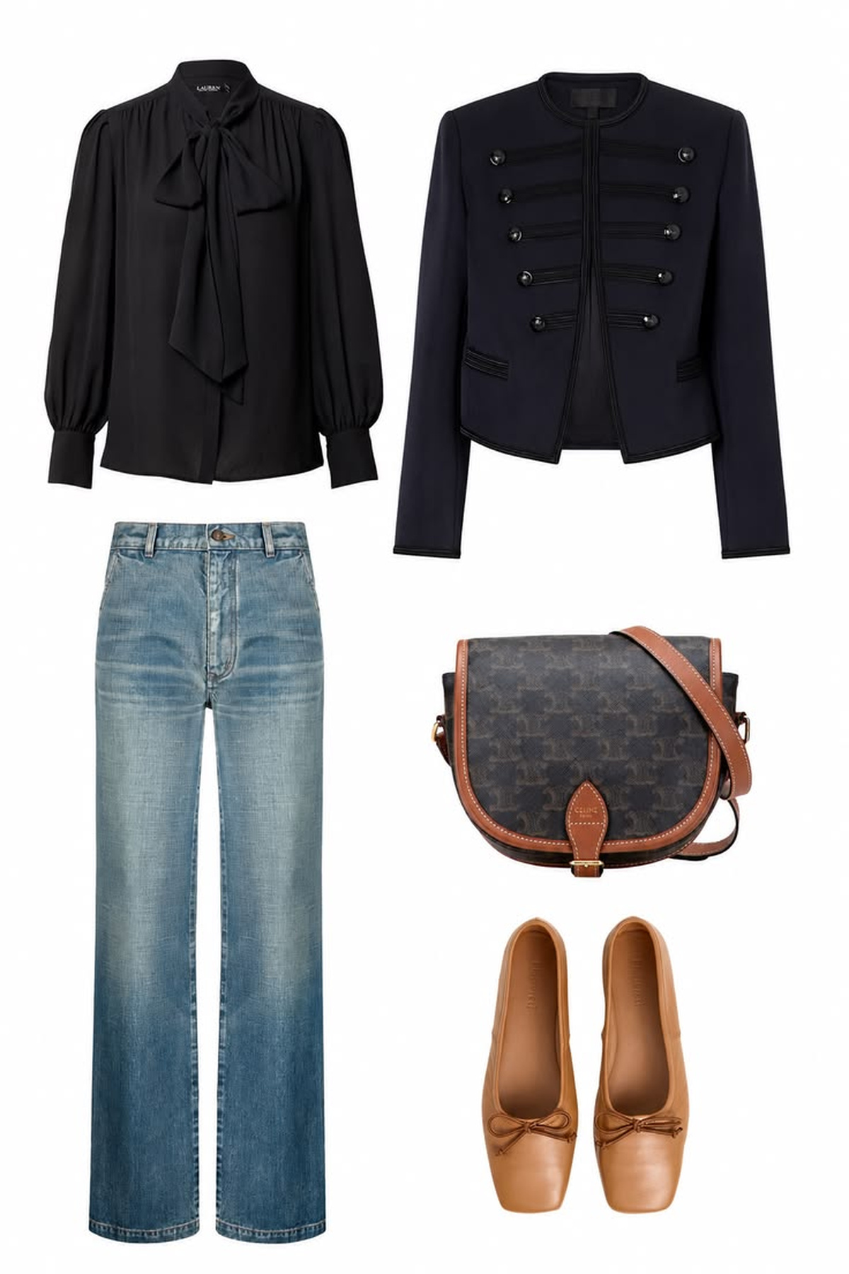 Black tie-neck blouse, navy structured jacket, relaxed blue jeans, tan ballet flats, and a brown crossbody bag.