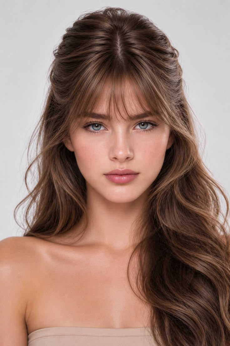 Soft polished hairstyle with face-framing fringe and smooth, voluminous lengths.