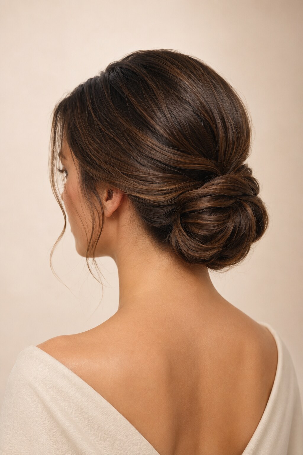 Polished low chignon shown from a refined three-quarter angle.