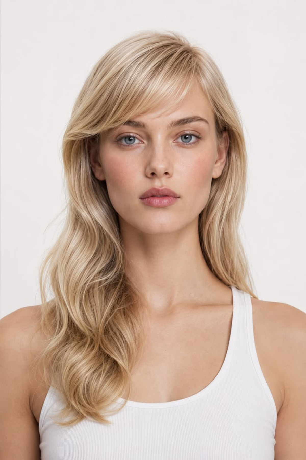 Long pale blonde hair with feathered layers and a long side-swept fringe.