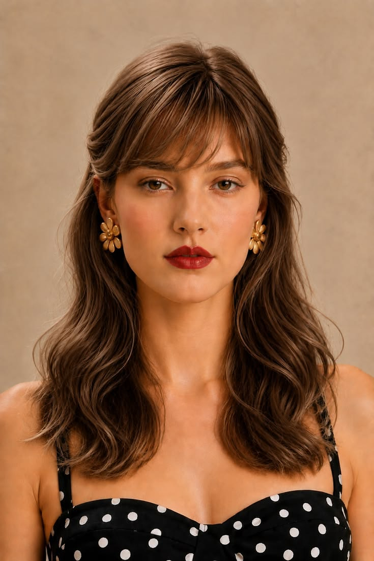 Shoulder-length brunette waves with soft full bangs and subtle face-framing pieces.
