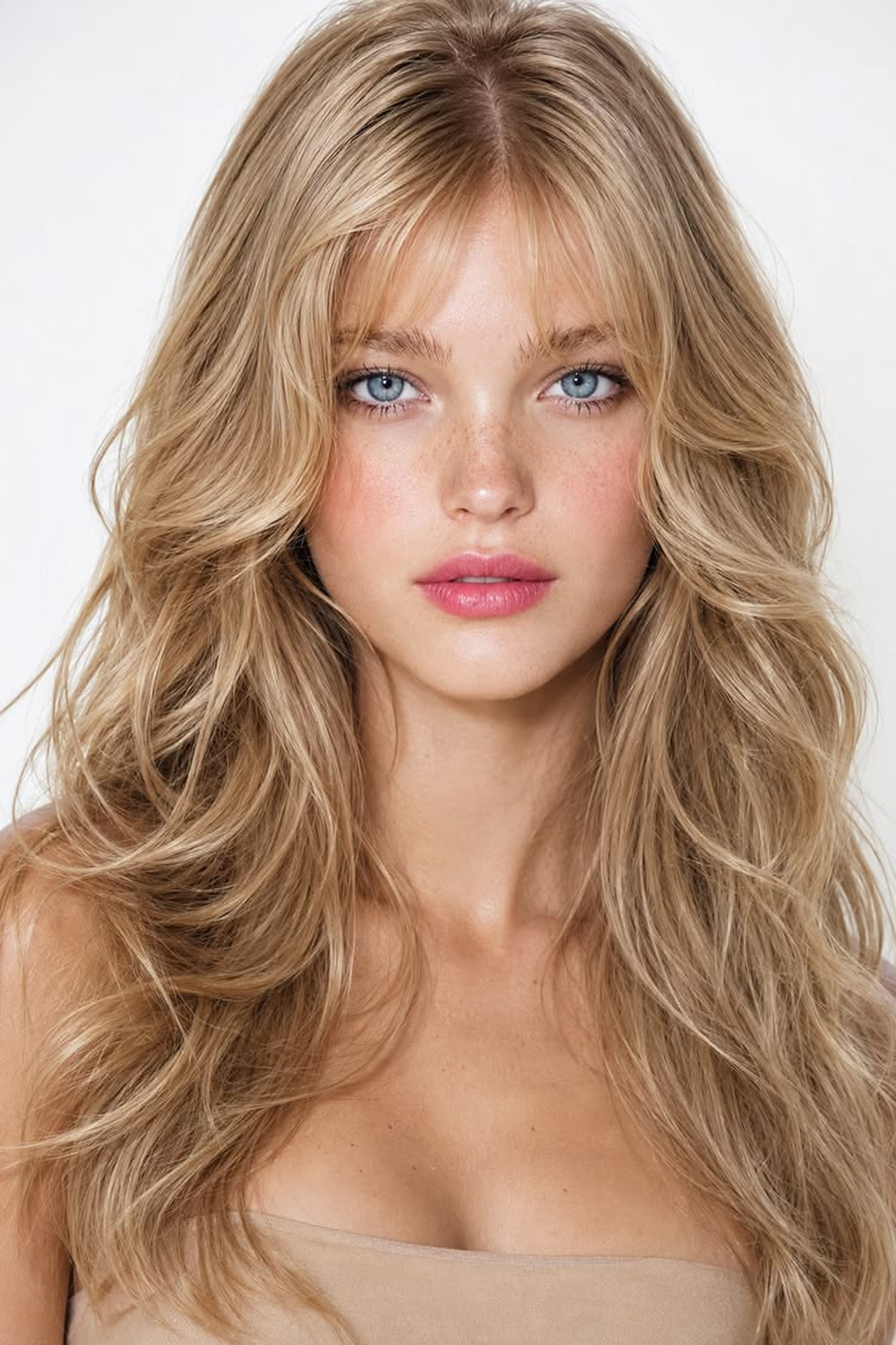 Long layered blonde hair with soft curtain bangs, airy volume, and feathered ends.