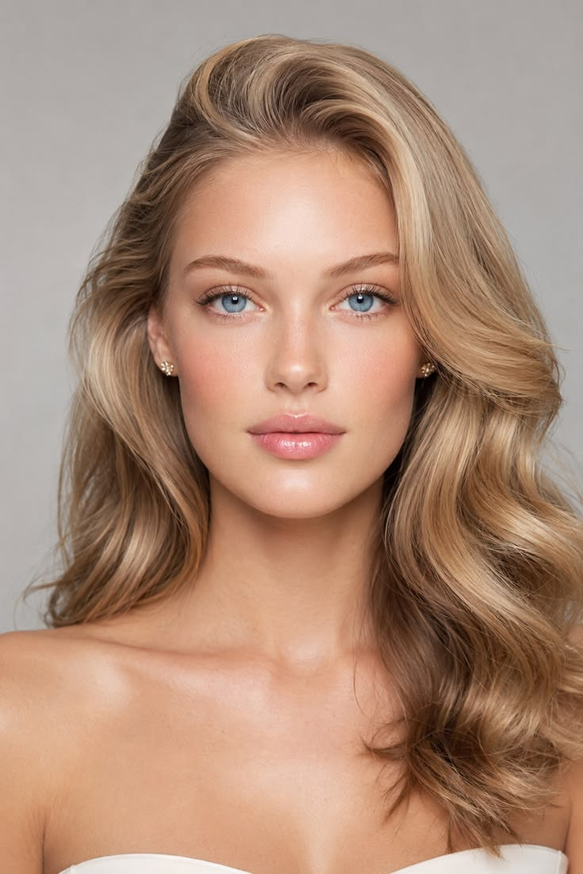 Long blonde hair with a lifted side sweep and voluminous polished waves.