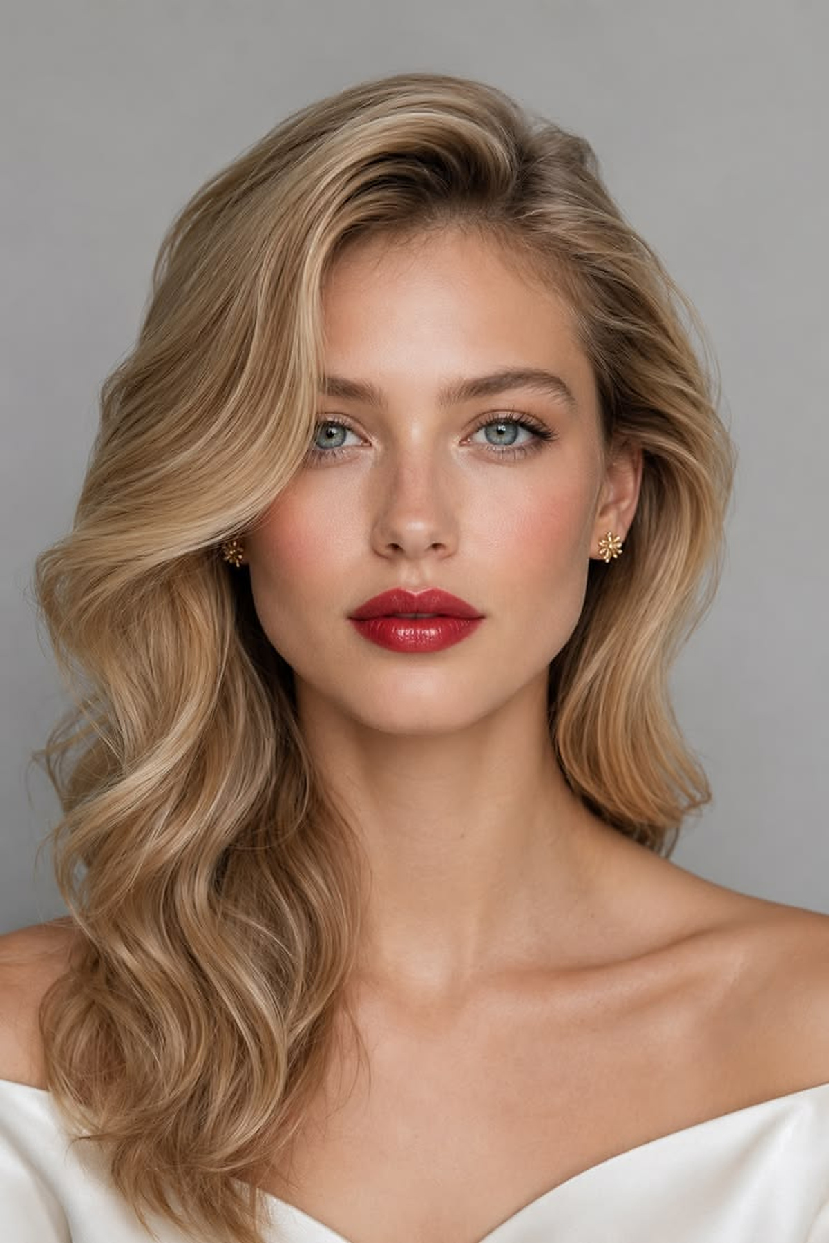 Classic long blonde waves with a polished side sweep and smooth voluminous finish.