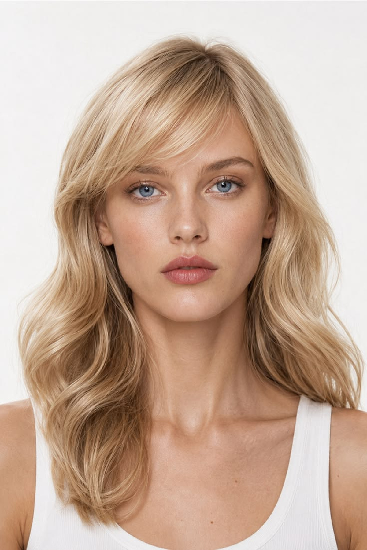 Medium-length blonde waves with fine wispy side bangs and a soft natural finish.