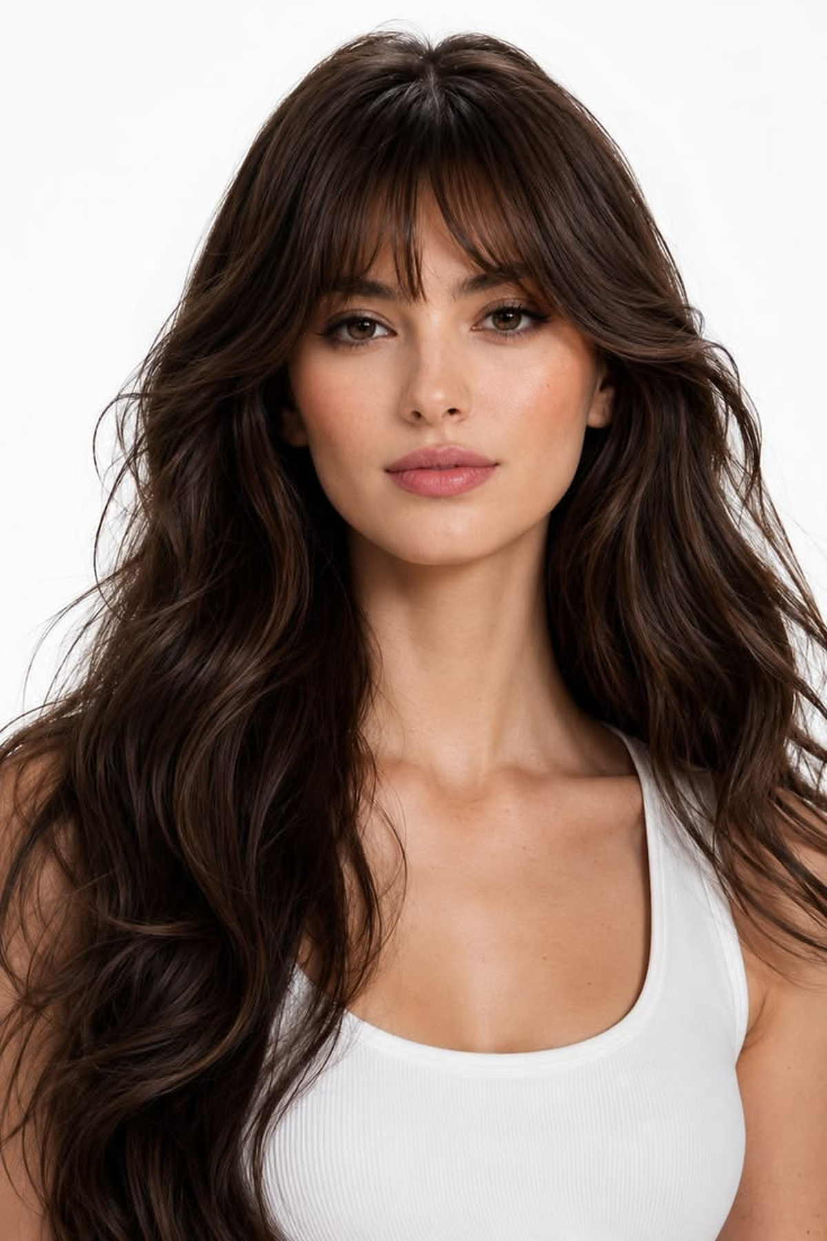 Very long brunette waves with a soft curtain fringe and relaxed face-framing layers.