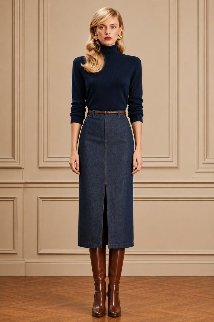 Navy knit styled with a long denim skirt and brown boots for a polished everyday outfit.
