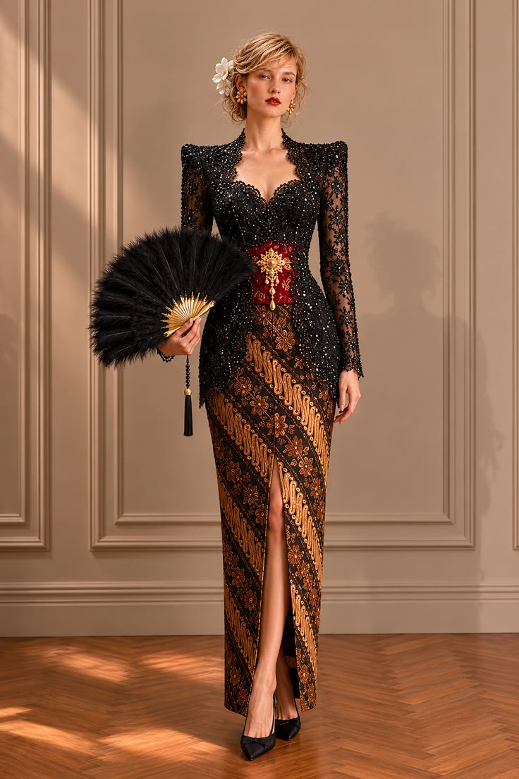 Black beaded kebaya styled with brown batik and a feather fan.