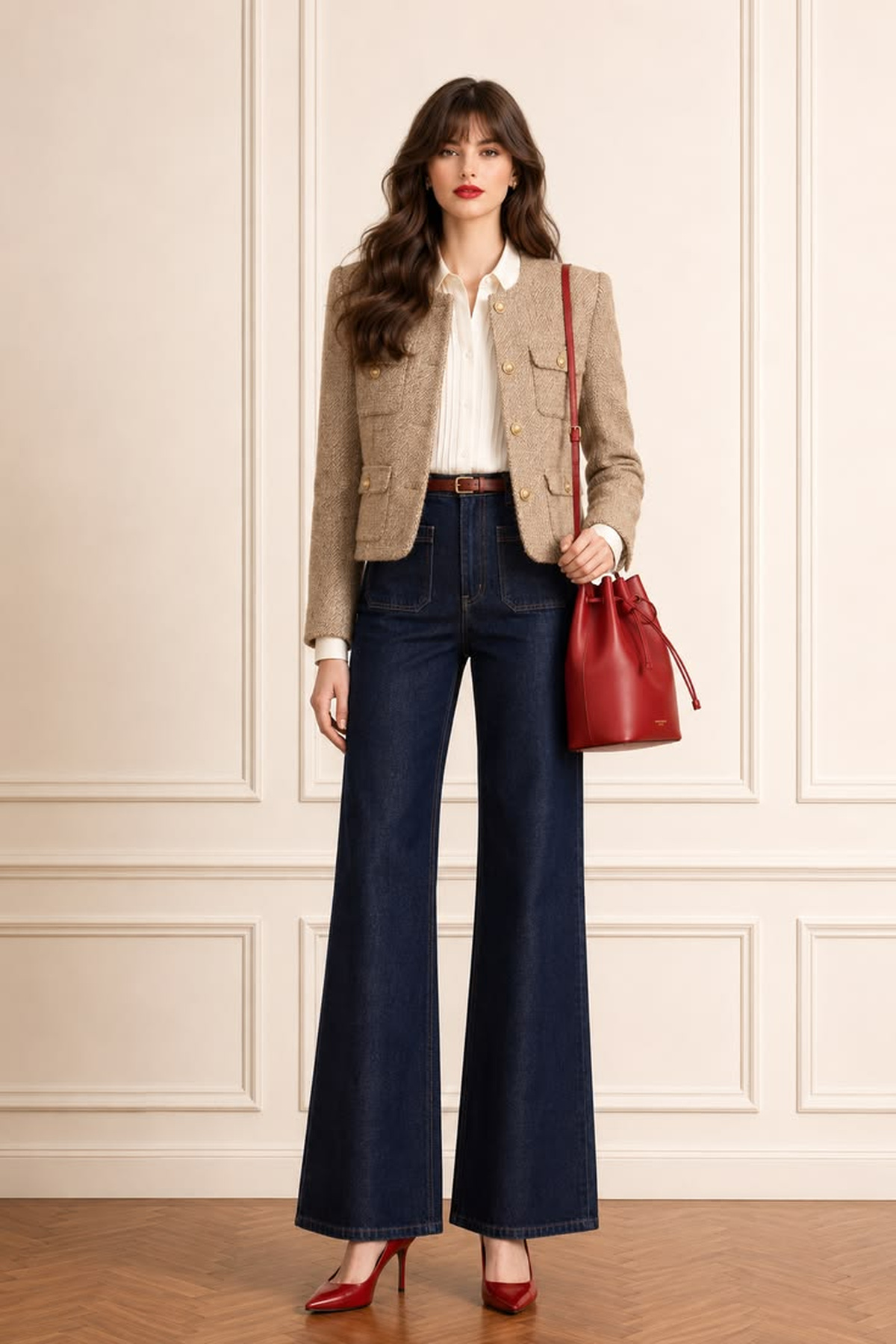 Neutral tweed jacket, ivory shirt, dark wide-leg jeans, and red accessories arranged as a minimalist outfit.