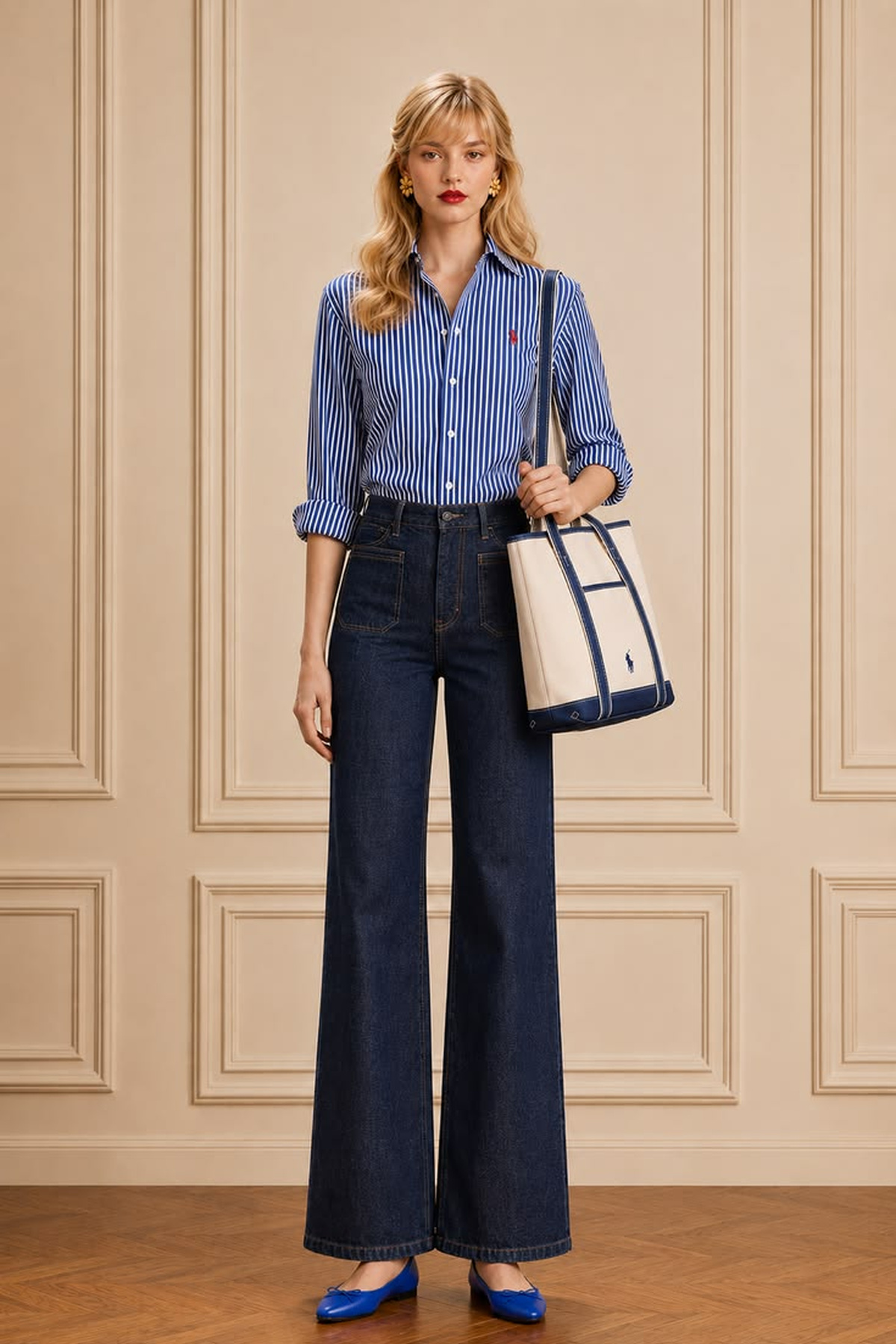 Blue striped button-down shirt worn with dark wide-leg jeans, blue flats, and a structured tote.