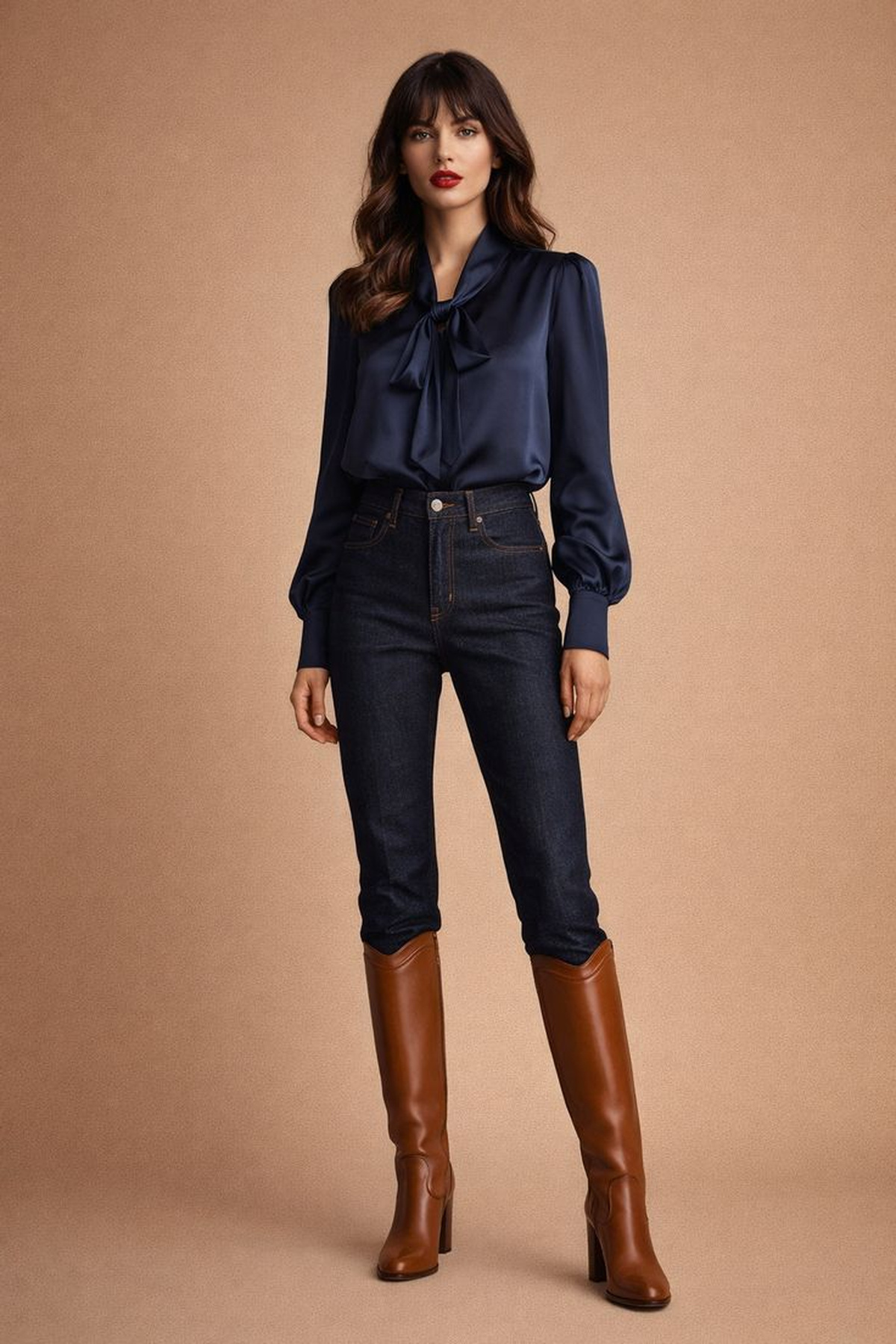 Soft navy tie-neck blouse paired with dark denim and tall cognac boots.