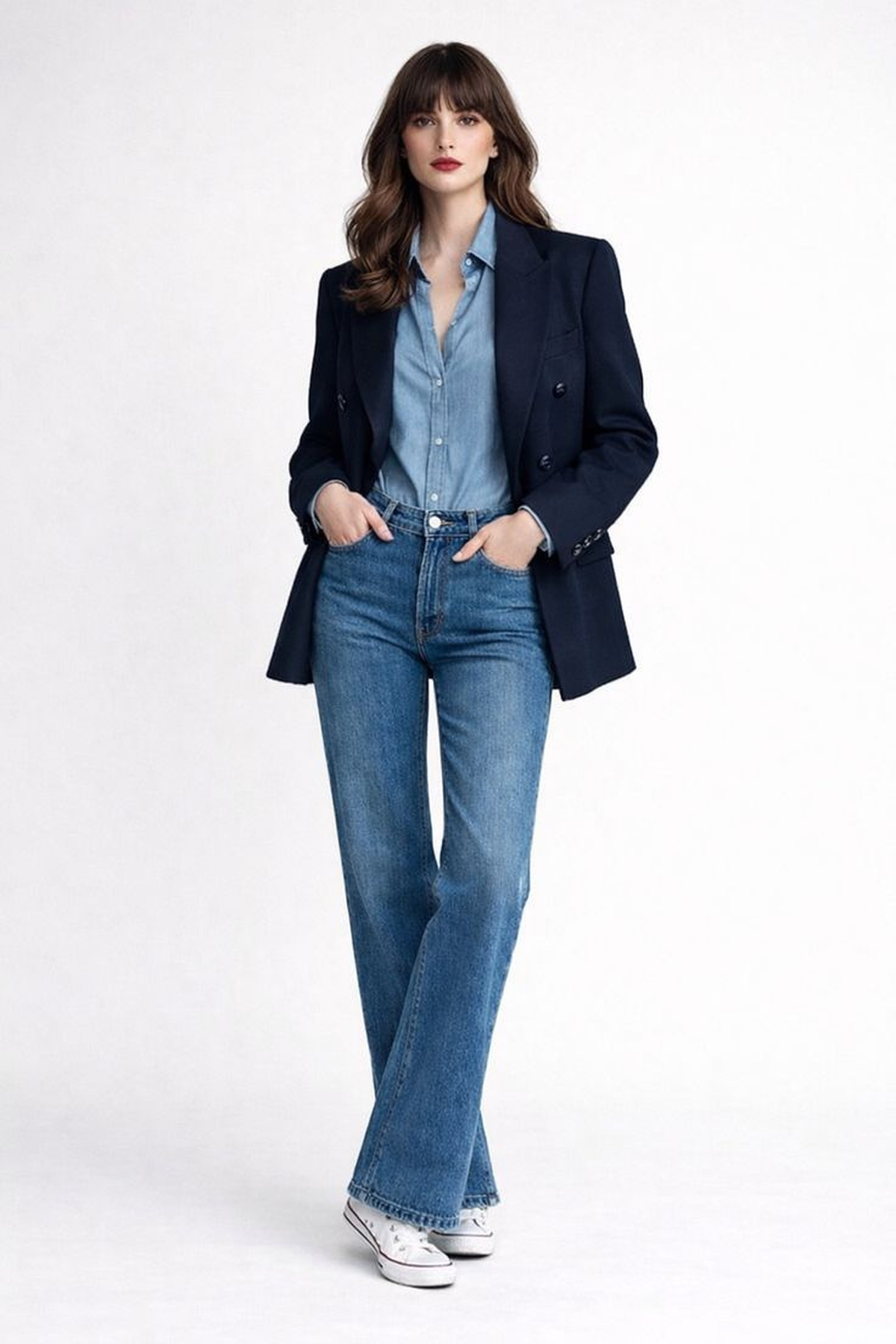 Denim shirt layered beneath a navy blazer with straight blue jeans and white sneakers.