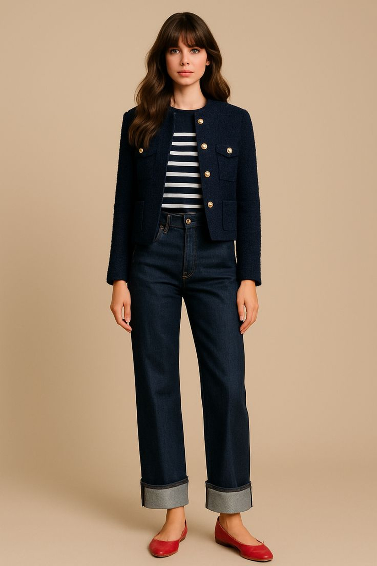 Striped top layered under a cropped navy tweed jacket with dark cuffed jeans and red flats.