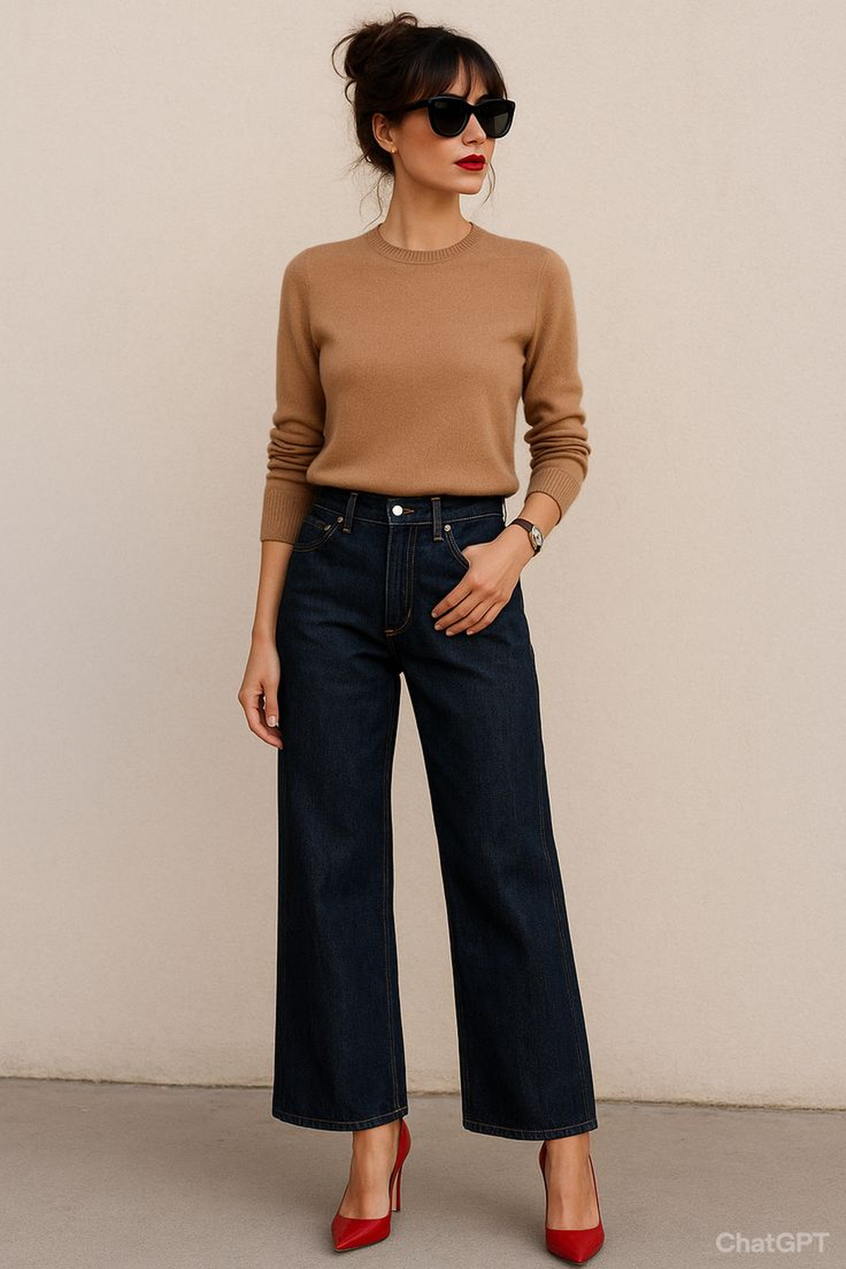 Camel crew-neck knit styled with dark wide-leg jeans, red pointed shoes, and black sunglasses.