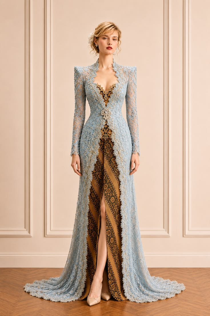 Ice-blue embroidered longline kebaya worn with a black and gold batik skirt in an elegant neutral interior.