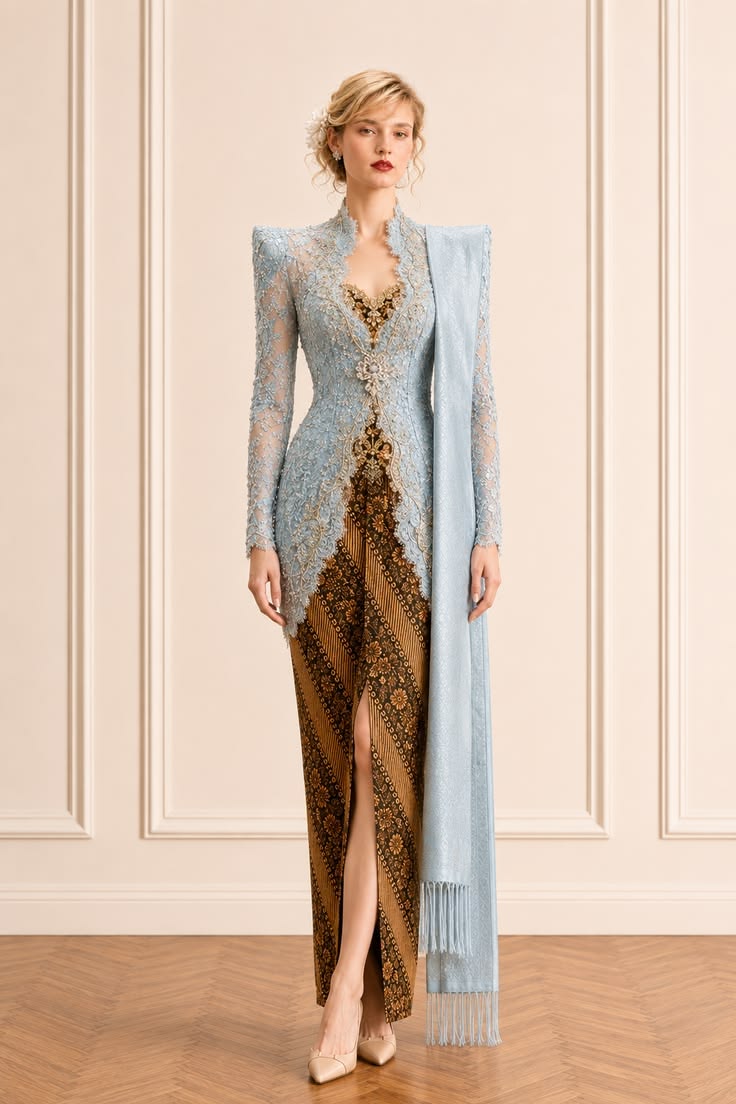 Powder-blue lace kebaya with a matching long selendang, black and gold batik, and a silver brooch.