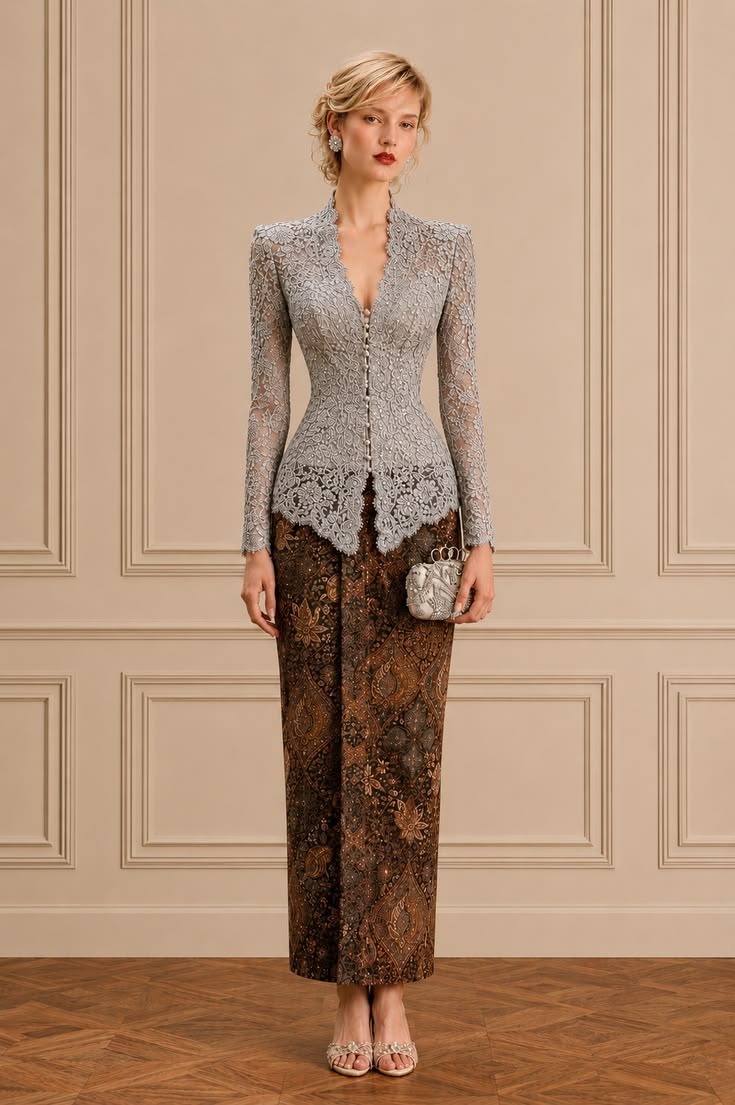 Silver fitted lace kebaya with front buttons, cropped brown batik trousers, a small silver clutch, and embellished sandals.