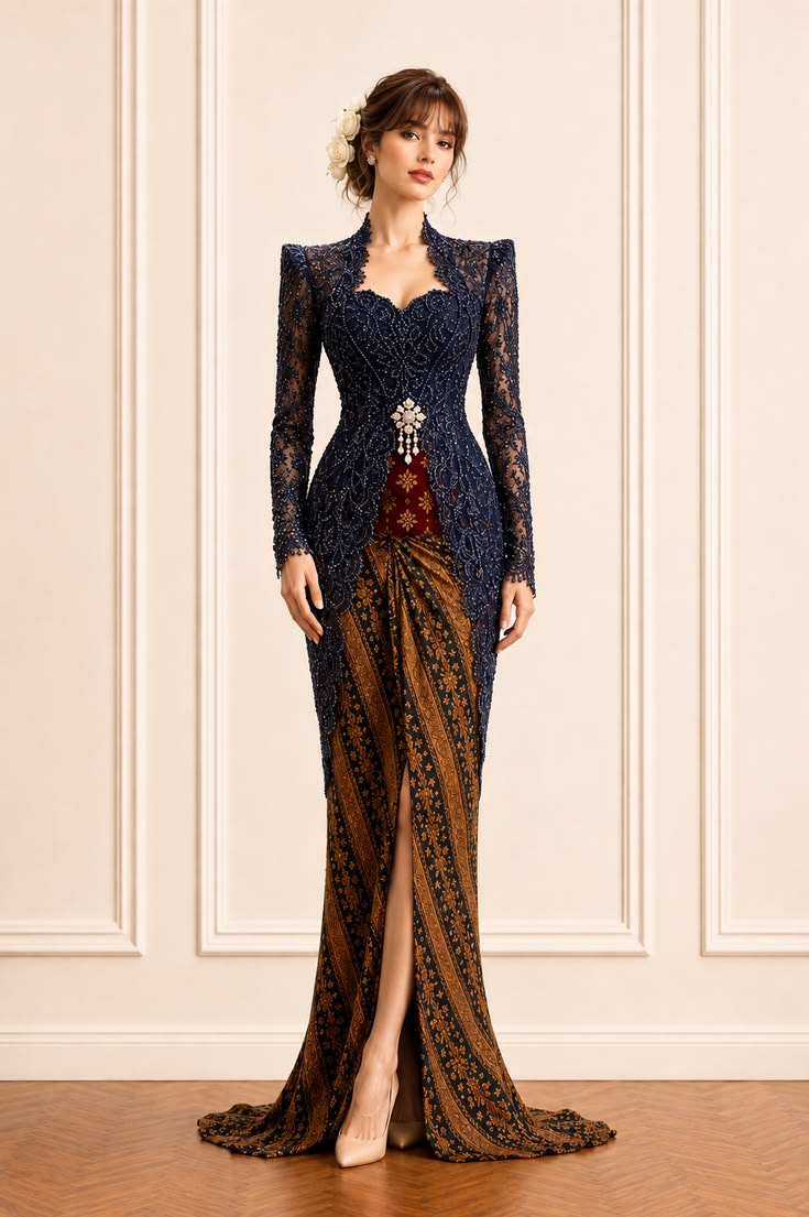 Navy beaded lace kebaya with a sculpted peplum, traditional brown sogan batik, and a central brooch.