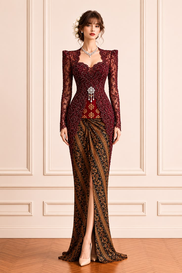 Burgundy beaded kebaya with sculpted shoulders, brown sogan batik, a silver brooch, and delicate jewelry.
