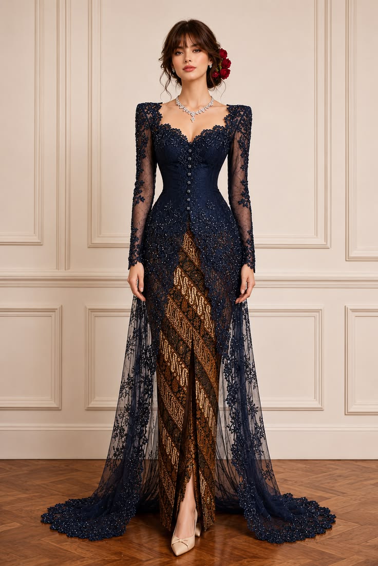Navy lace kebaya with a sheer floor-length train, sculpted shoulders, brown batik, and silver jewelry.