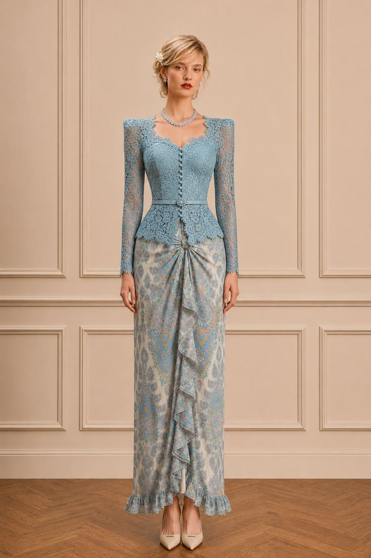 Powder-blue lace peplum kebaya with covered buttons, a slim belt, pastel batik, and a soft front drape.