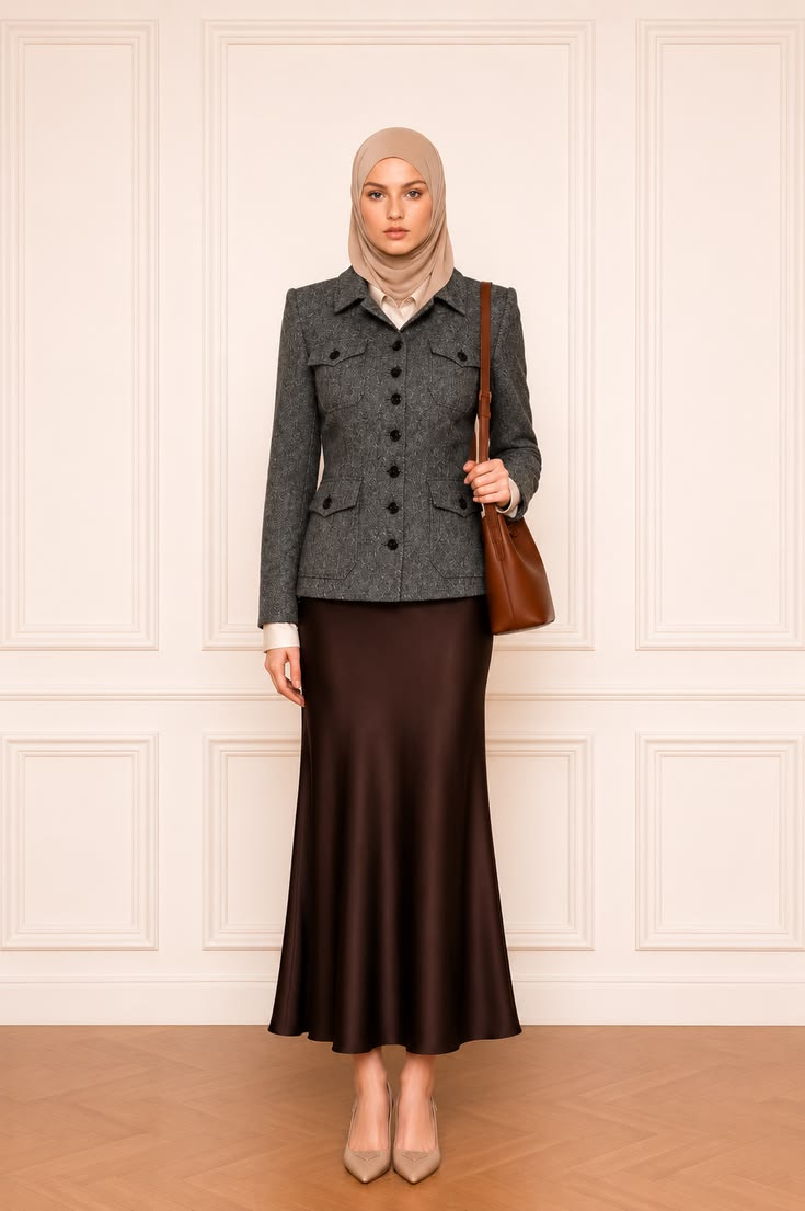 Woman wearing a tailored grey jacket with a long satin skirt in a refined neutral outfit.