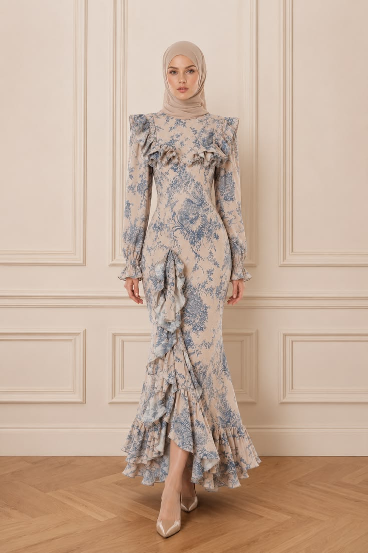 Beige hijab and long blue floral ruffle dress styled for an elegant modest look.