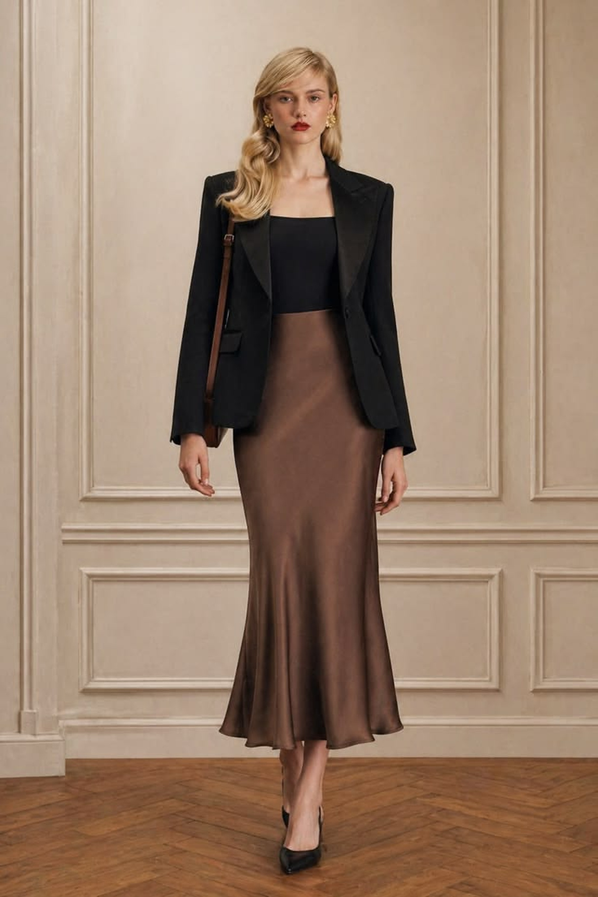 Refined office outfit arranged with tailored separates and polished accessories.