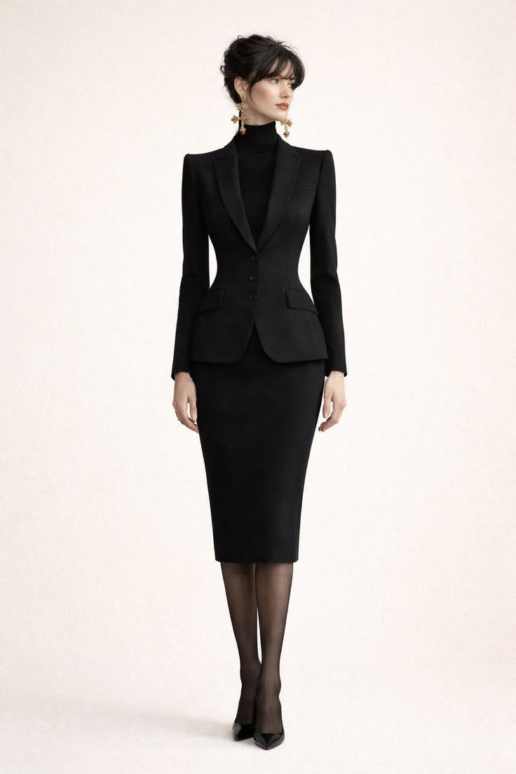 Black tailored skirt suit with pointed pumps in a clean studio setting.