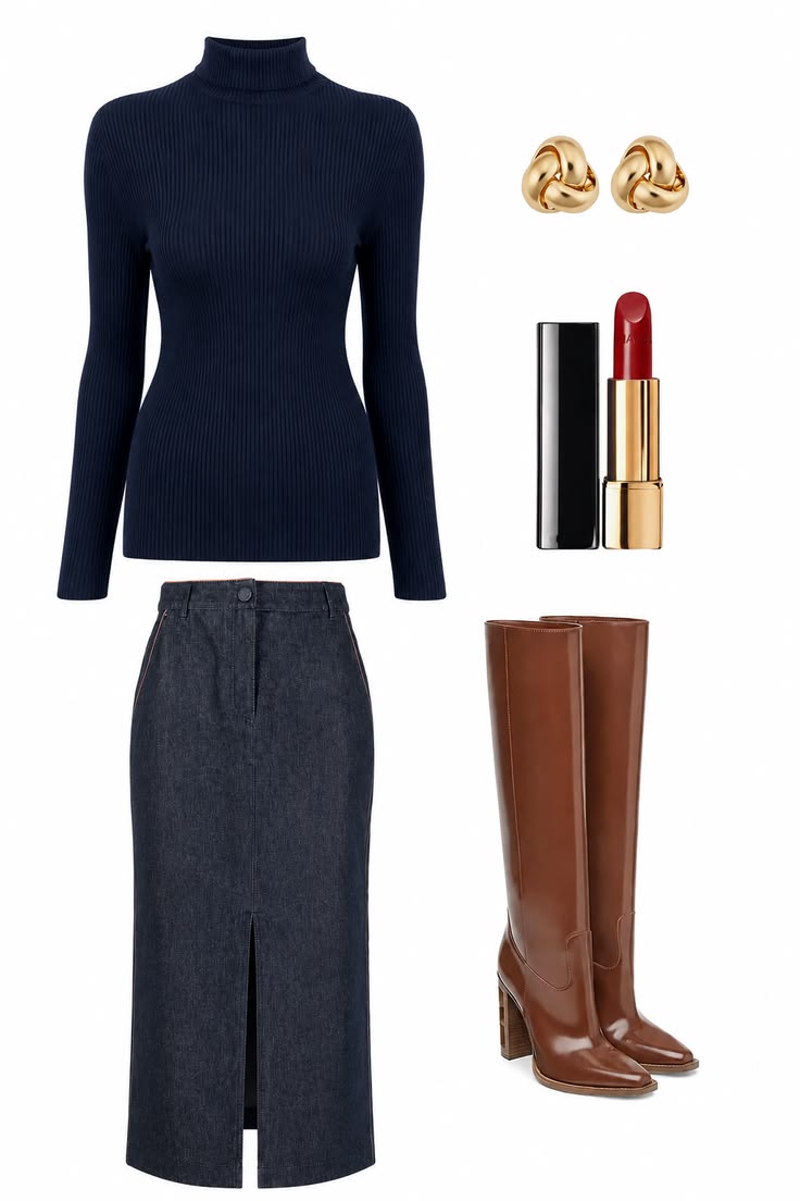 Navy ribbed turtleneck styled with a dark denim midi skirt and brown knee-high boots