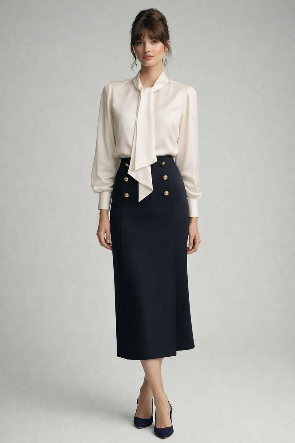 Ivory tie-neck blouse paired with a high-waisted navy midi skirt featuring two rows of gold buttons and navy pumps.