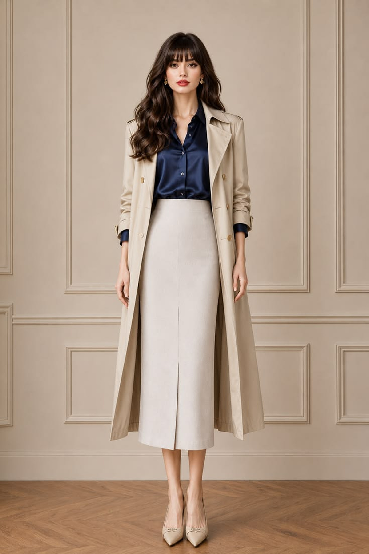 Beige trench coat layered over a navy satin blouse and cream midi skirt with neutral pointed pumps.