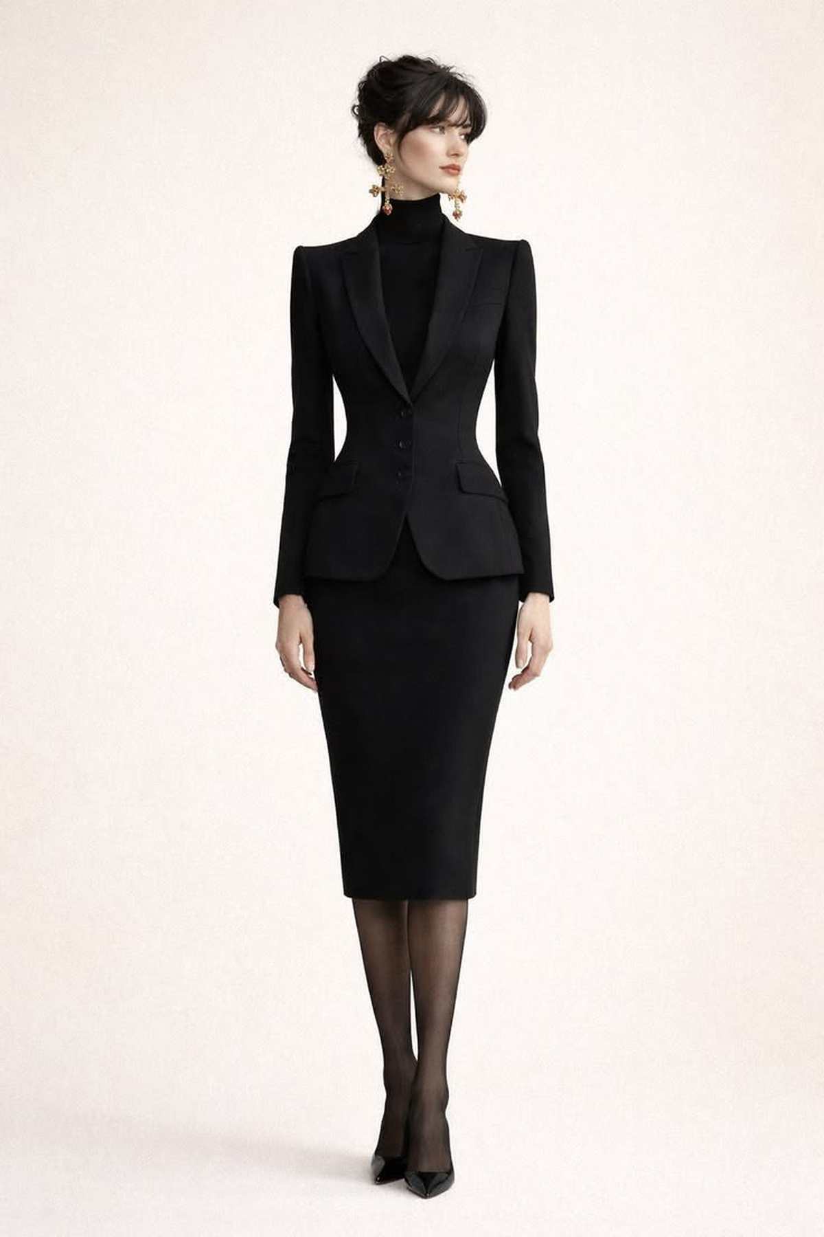 Black tailored blazer and turtleneck styled with a matching knee-length pencil skirt, sheer tights, and pointed pumps.