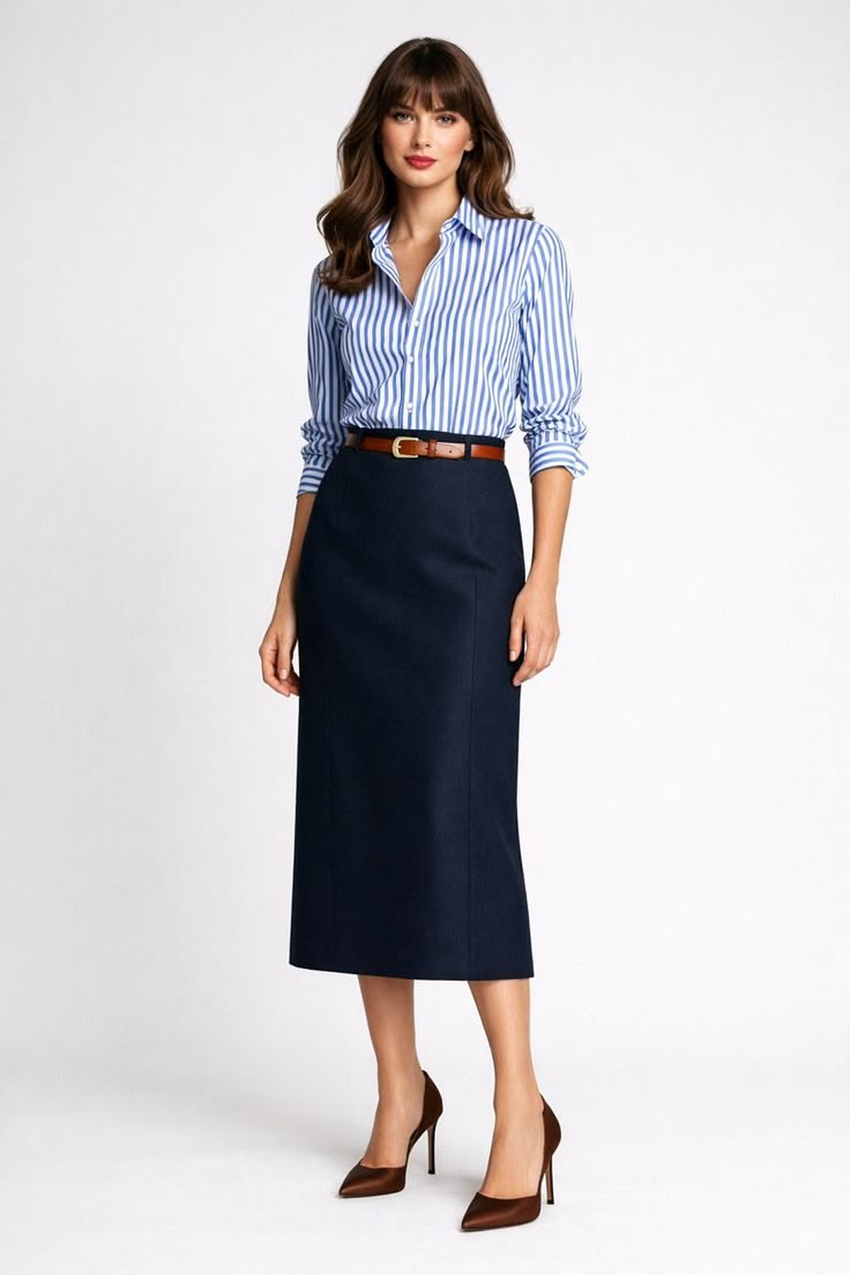 Blue-and-white striped button-down shirt tucked into a navy midi skirt with a slim brown belt and brown pointed pumps.